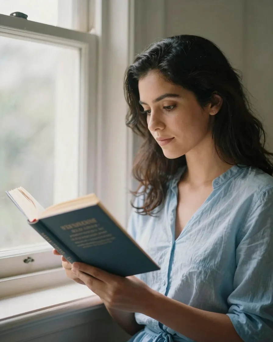 Yohandra Mayulis, a woman with a serene expression, reading a classic book by a window, soft natural light, warm editori