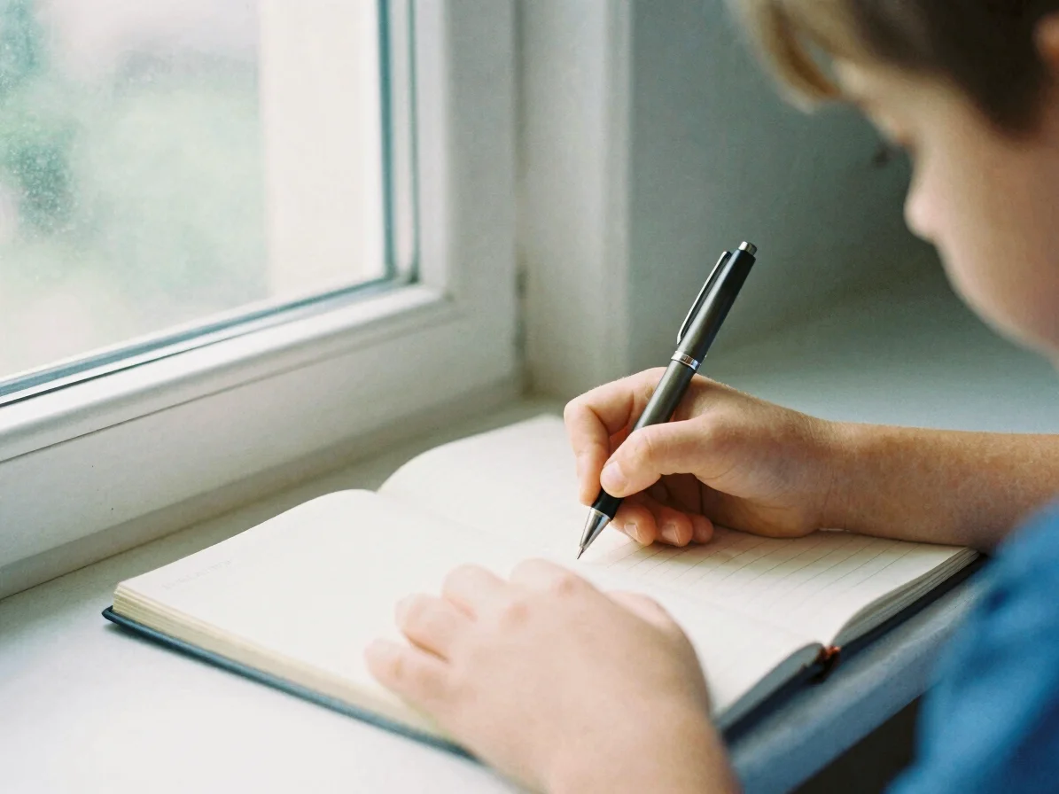 A child's hands writing in a notebook with a classic pen, soft natural window light, warm editorial photography, muted b