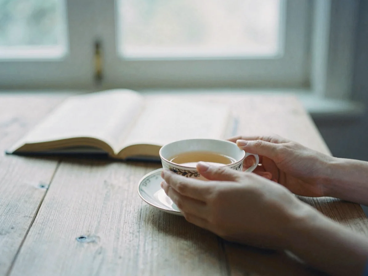A woman's hands holding a cup of tea on a serene wooden table, an open book slightly out of focus in the background, sof