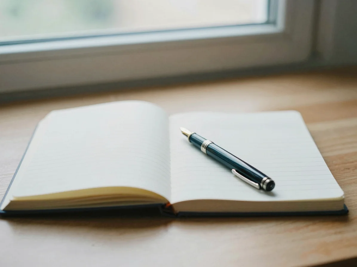 Open study notebook with classic fountain pen on a wooden desk, s