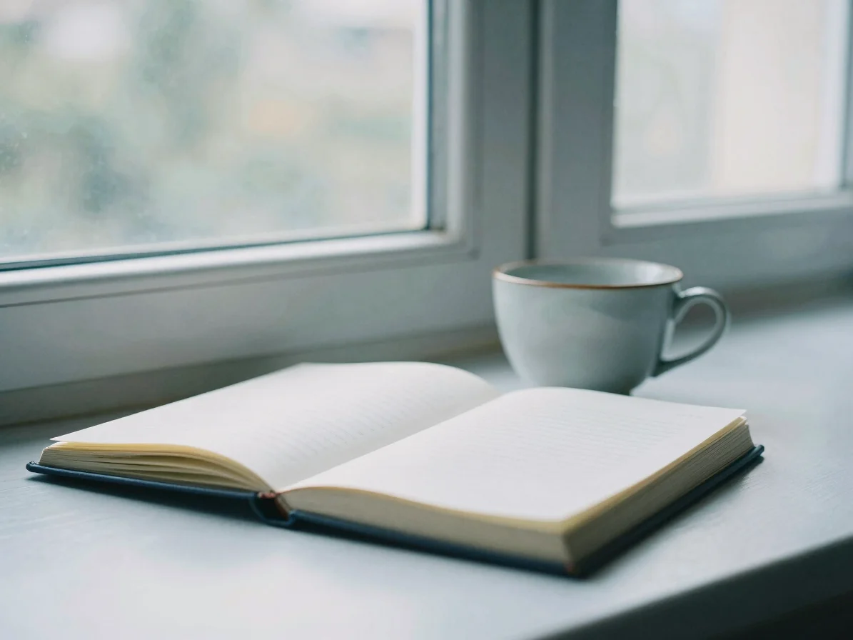 Serene reading Nook with an open notebook, ceramic tea cup, soft
