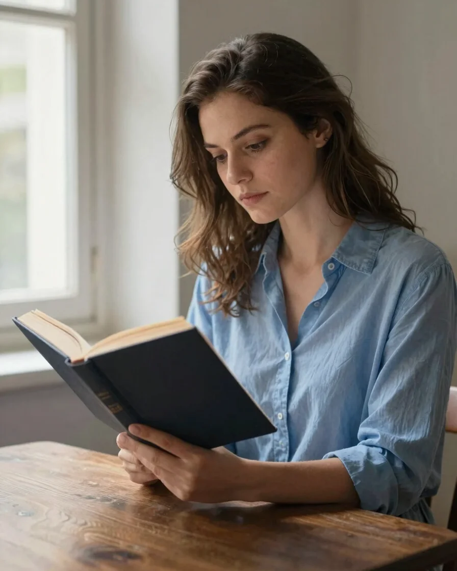 Retrato editorial de uma mulher serena e elegante, lendo um livro