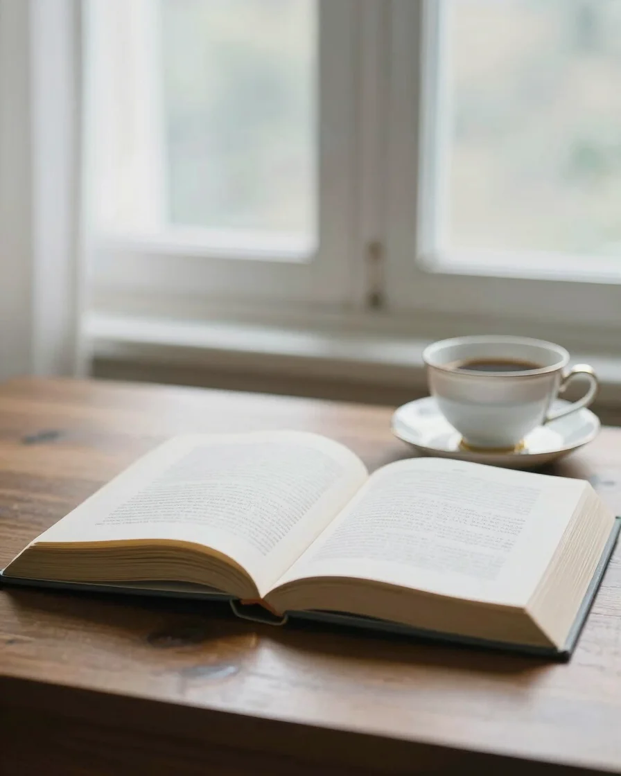 Open classic book on a wooden desk, soft natural window light, a